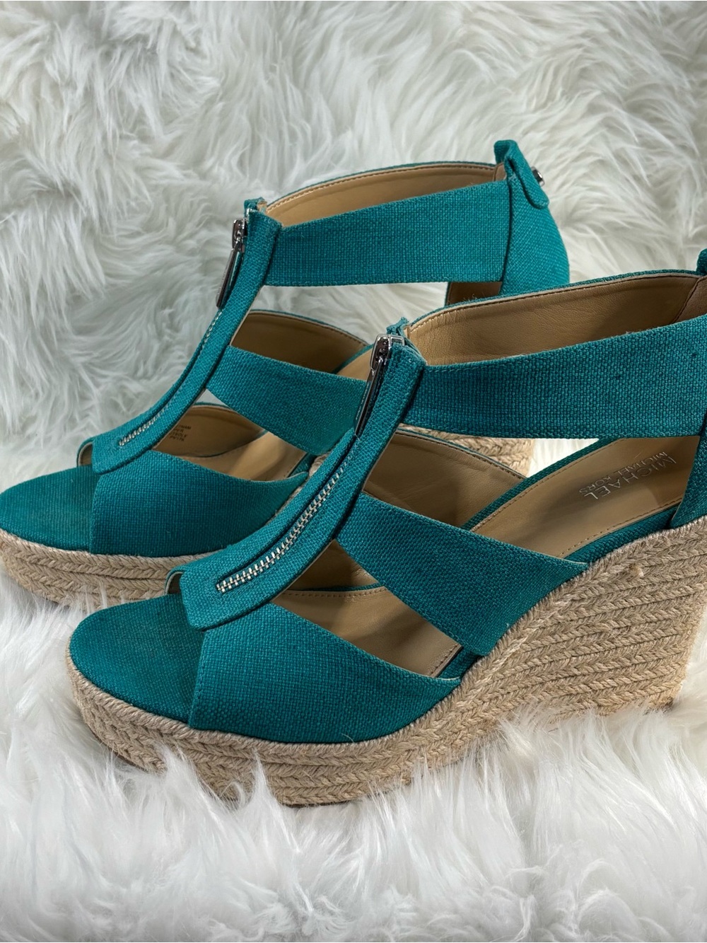 Michael Kors Wedge Teal Canvas Espadrille Sandals - Picture 1 of 12